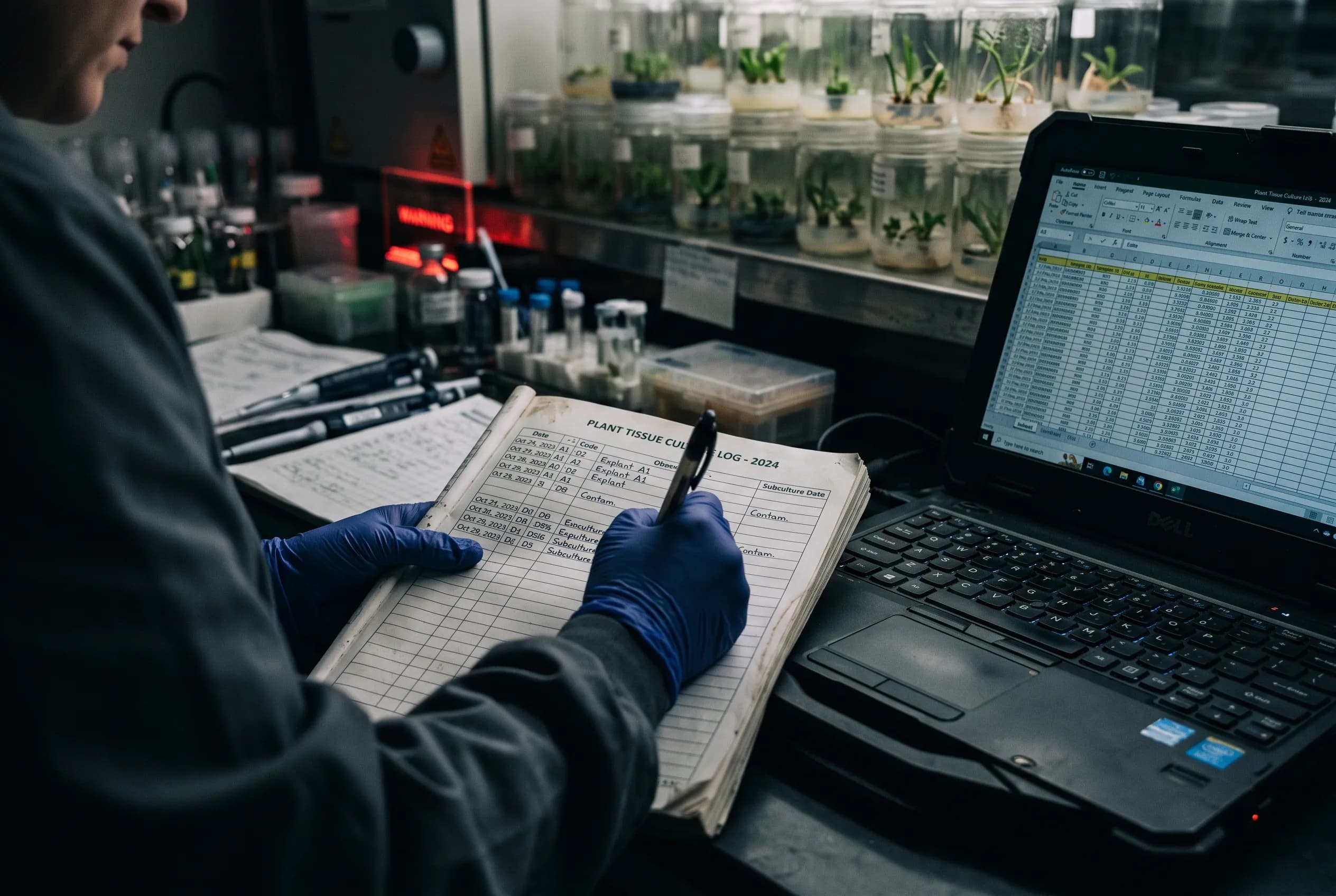 Gloved hands logging cultures in a paper logbook beside a laptop spreadsheet