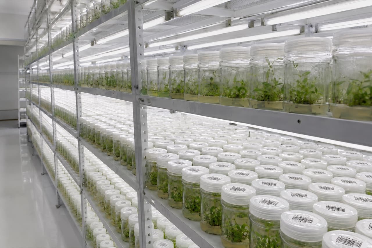 Working commercial tissue culture production room: long stainless steel rack stacked five shelves high, hundreds of glass culture jars with barcode-labeled white lids.